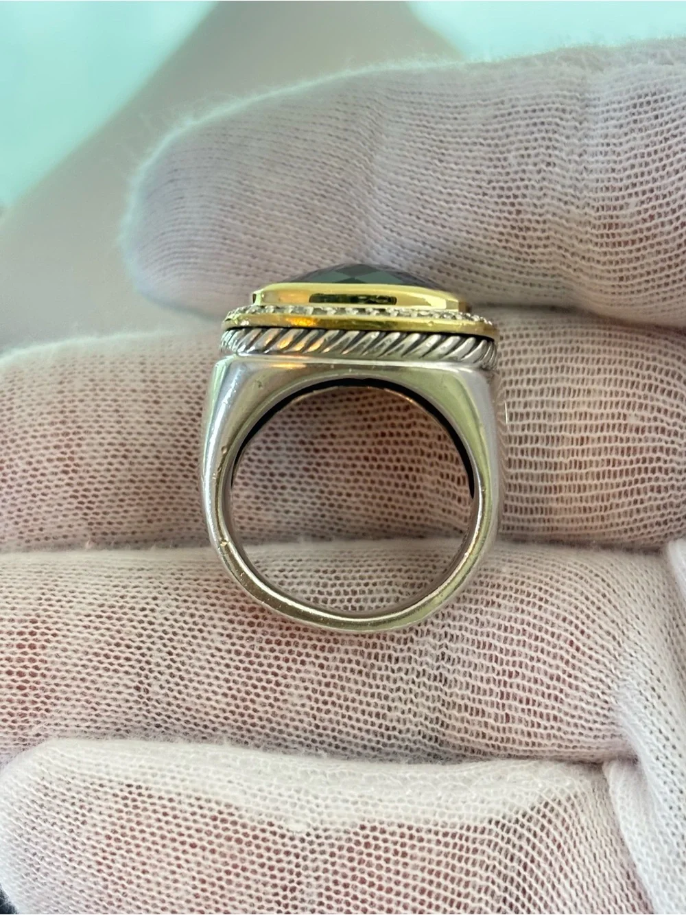 David Yurman 925 & 18k Gold 14mm Albion Ring with Smoky Quartz & Diamonds 7